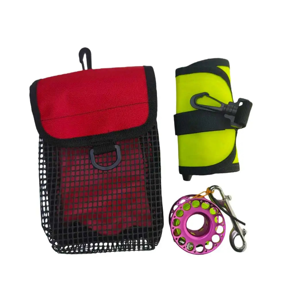 Diving SMB Kit 1.1m Closed Surface Marker Buoy & 30m Aluminum Finger Spool Reel & Dive Sausage Storage Bag Combo Oasis Select yellow pink
