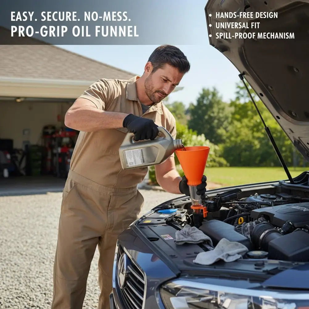 Hands-Free Engine Oil Funnel with Self-Locking Clamp – Universal