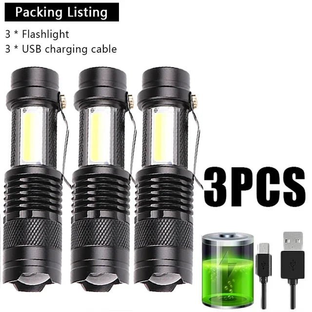 Mini Portable COB Lamp Bead LED Flashlight Use Rechargeable Double Light Source Emergency Flashlight for Hiking Camping Fishing Oasis Select 3PCS