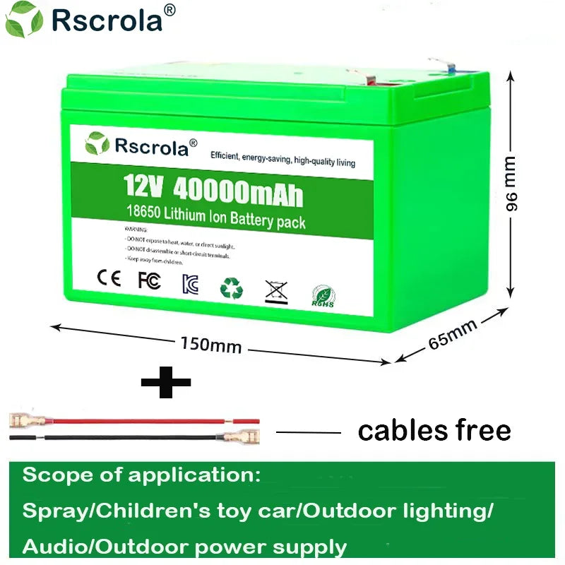 Li-ion 12V 40Ah 30Ah 20Ah 18650 Lithium Rechargeable Battery Pack for Sprayer Kids Electric Toy Car Scale Access Control+Charger Oasis Select