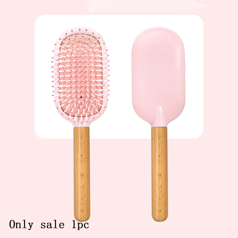 Pastel Air Cushion Hair Brush – Oak Wood Handle & Soft Bristles Hair Brush Oasis Select S8621-pink-02