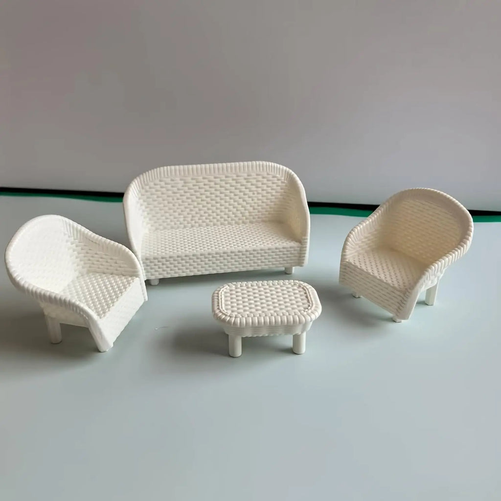 4 PCS Miniature White Wicker Tea Table & Chair Set Dollhouse Furniture Micro Landscape Props for Bedroom Fairy Garden Decor Oasis Select Combo-4pcs
