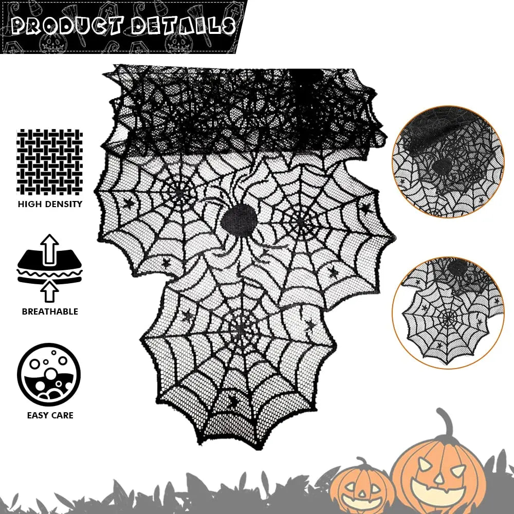 1pc Halloween Decoration Table Runner,Spider Web Black Lace Table Runner for Kitchen Dinner Table,Halloween Decoration Indoor Oasis Select