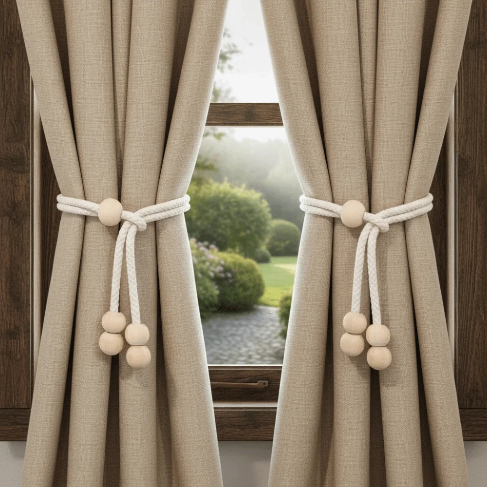 Adjustable Curtain Tiebacks with Wooden Beads | Cotton Linen