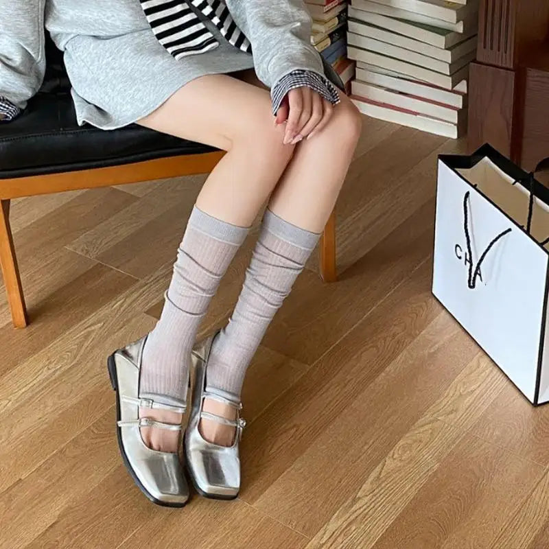 Women Footed Socks Mesh Silk Stockings Breathable Drawstring Design Korean Style Summer Lightweight Slouch Socks for Daily Wear Oasis Select