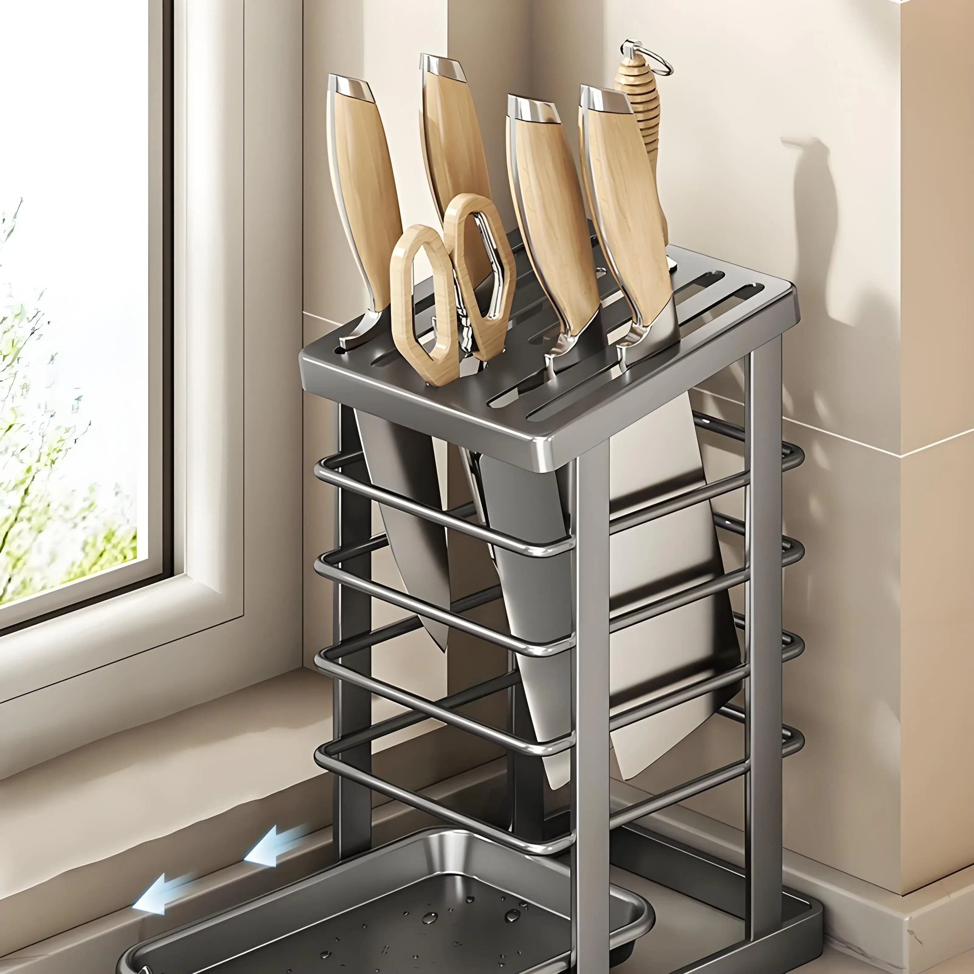 Stainless Steel Knife Holder With Tray Large Chef Knives Scissors Stand Kitchen Supplies Tool Storage Rack Home Organization Oasis Select