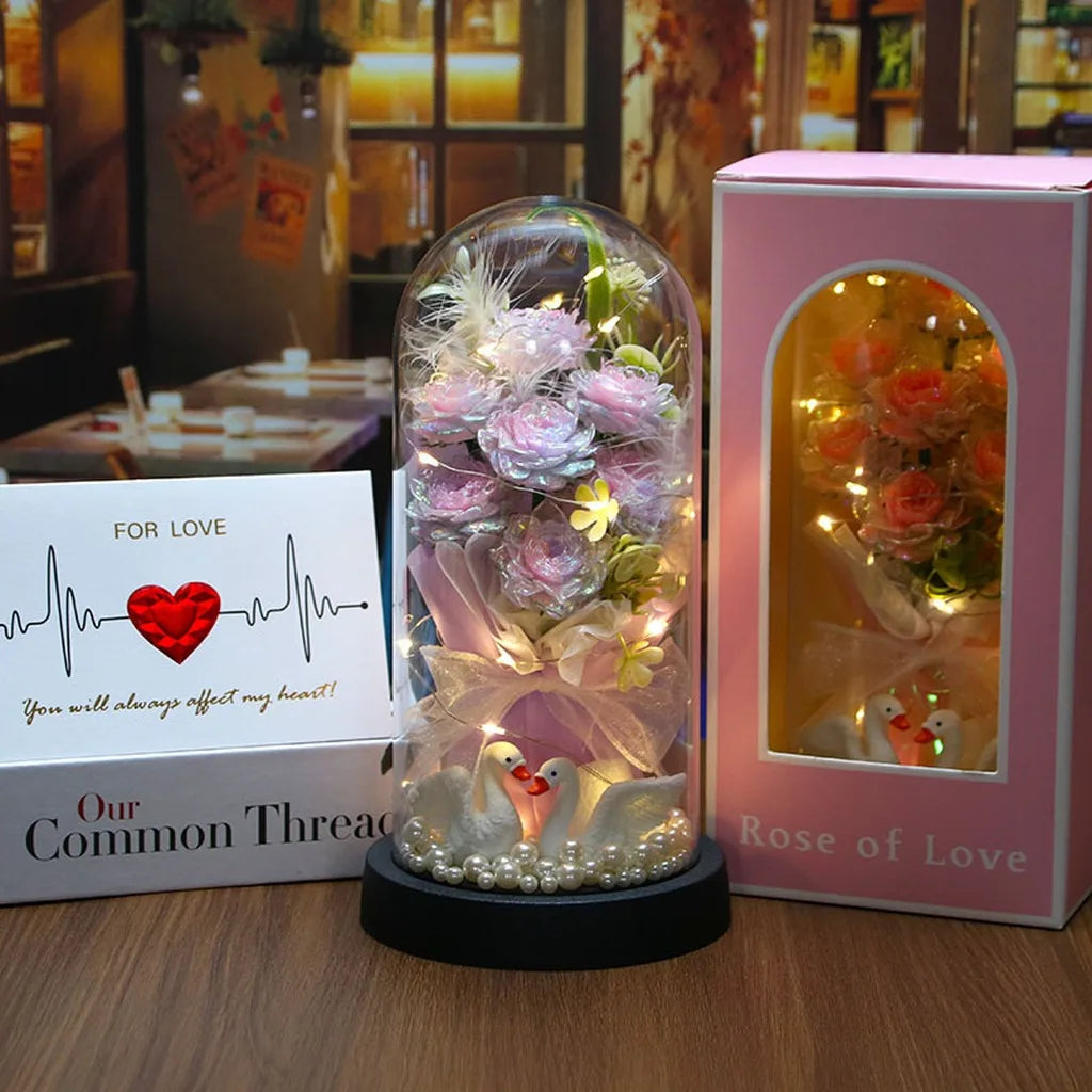 Glass Dome Ornament Handmade Decorative Flower Wreath Preserved Rose Bouquet Dust-Free Led Glowing Night Light For Valentine'S Oasis Select Gradient Lig Purple