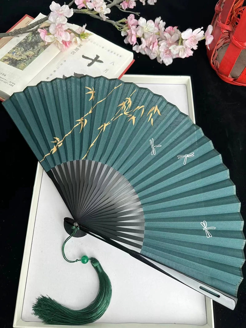 Antique Retro Portable Green Folding Fan Women's Hanfu Cheongsam
