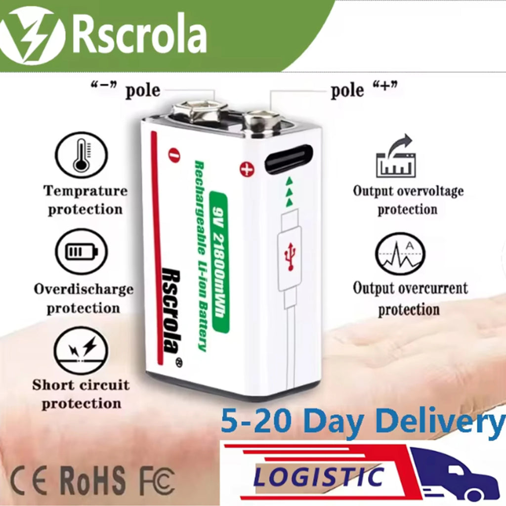 Long-Lasting 9V Lithium Ion Rechargeable Battery 21800mWh High Capacity for Guitar Microphone Smoke Detector Pedal with Cable Oasis Select