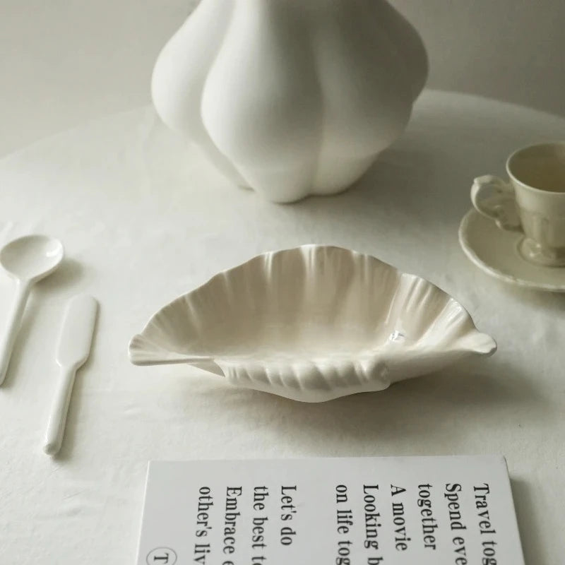 Shell Plate Cream Retro Ceramic Plate Fruit Snack Plate Dinner Tray Dish Set Jewelry Storage Dish Tableware Gift Oasis Select