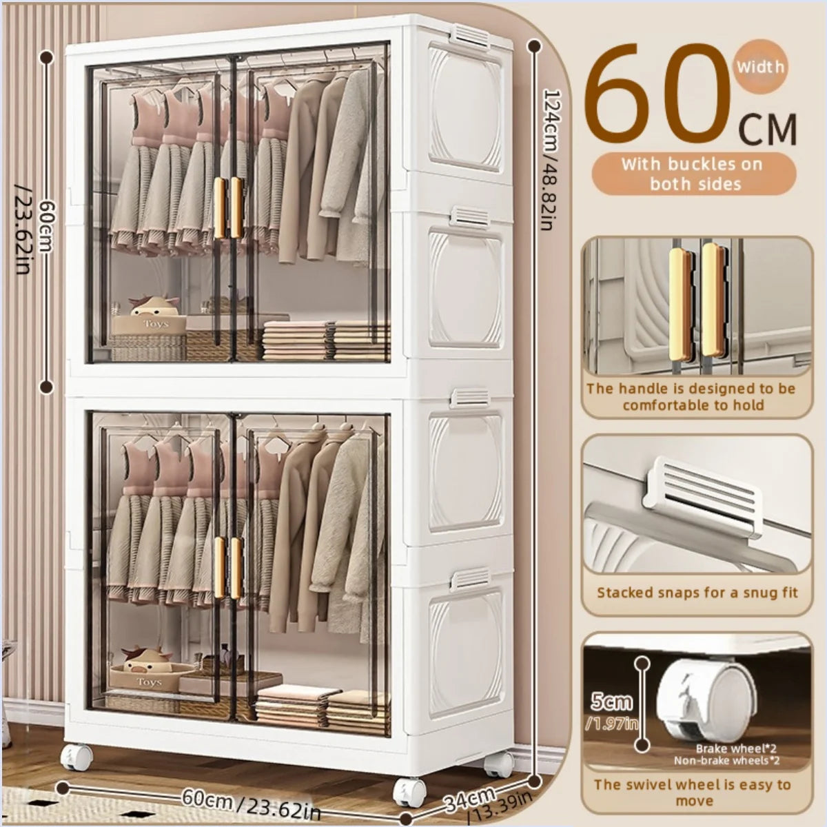 Foldable plastic storage box, simple wardrobe for home bedroom closet toy storage cabinet, no installation required Oasis Select 60cm 2 Large