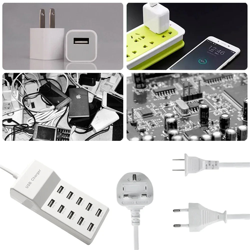 10-Port 50W USB Charging Station | Multi-Device Power Strip Hub