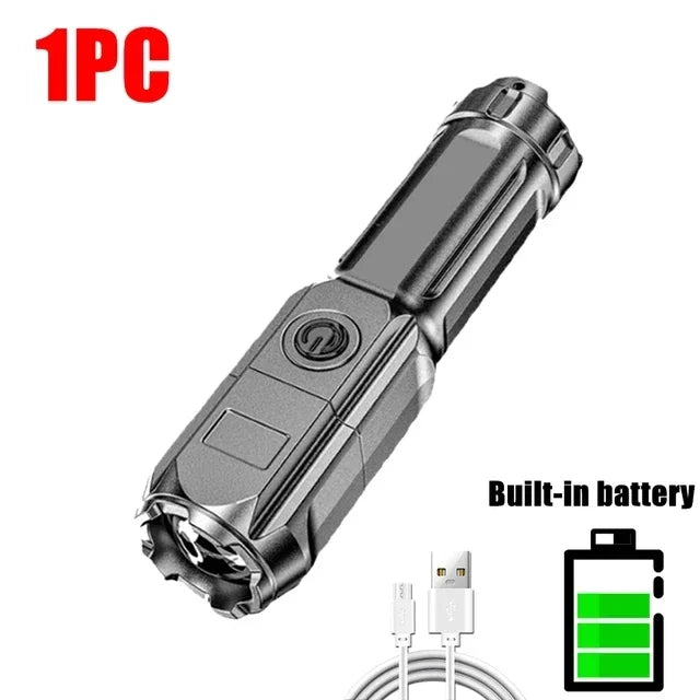 High Power Led Flashlight Super Bright Rechargeable Zoom Torch with COB Side Lights Outdoor Camping Night Fishing Lantern Oasis Select Package B 1pc