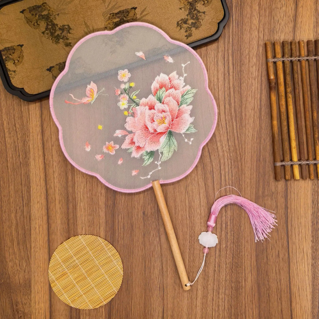 Vintage Double Sided Embroidery Flower Shape Hand Fan Chinese Palace Hanfu Floral Silk Hand Fan Craft Wedding Gift For Guests Oasis Select Style D