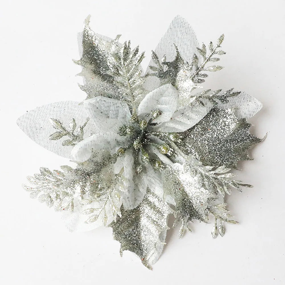 15x15cm Glitter Artifical Christmas Flowers Christmas Tree Decor For New Year Xmas Wedding Party Christmas Wreaths Rattan Oasis Select silver China Mainland