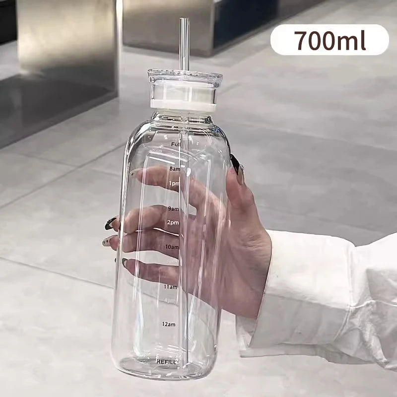 300/500/750ml Large Glass Water Bottle with Straw 2 Lids Clear Kawaii Drinking Bottle Leakproof Iced Coffee Cup for Woman Girl Oasis Select