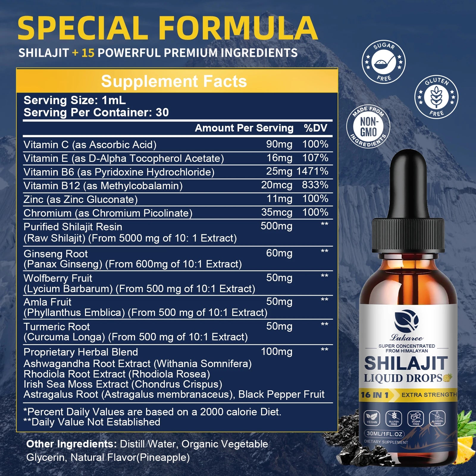 Lukaree Shilajit Drops with 85+ Trace Minerals and Fulvic Acid for Men&Women Immunity&Digestive System Health Cognitive Support Oasis Select