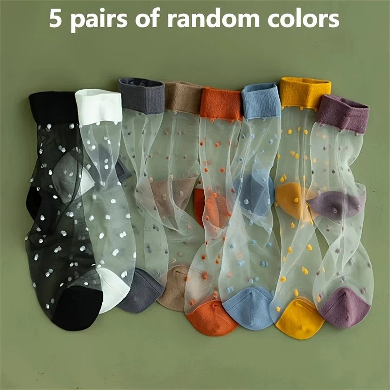 5 Pairs (10pcs) Breathable Polka Dot Glass Women'S Socks, Candy Color Summer Socks, Fashionable Polka Dot Decoration Socks Oasis Select 5pcs random colors One Size