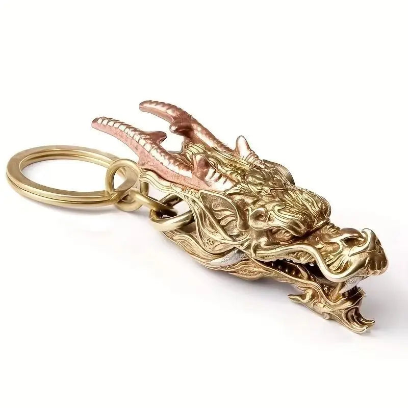 Gold Brass Dragon Head Keychain with Key Ring Fine Carved Domineering Car Keychain Multifunctional Metal Ornaments Luxury Gift Oasis Select gold color