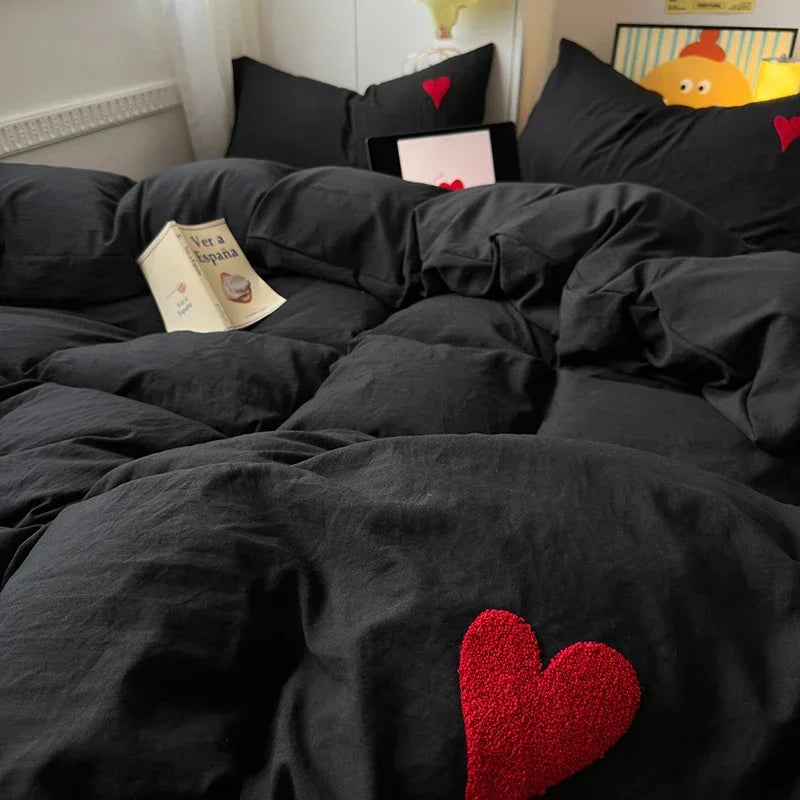 Washed Cotton Bedding Set Super Soft Cool Black Duvet Cover Set Heart-shaped Towel Bedding Skin Friendly Duvet Covers Bed Sheets Oasis Select