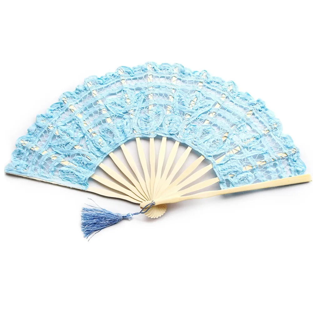 Bamboo Lace Folding Hand Fan with Tassel – Vintage Style