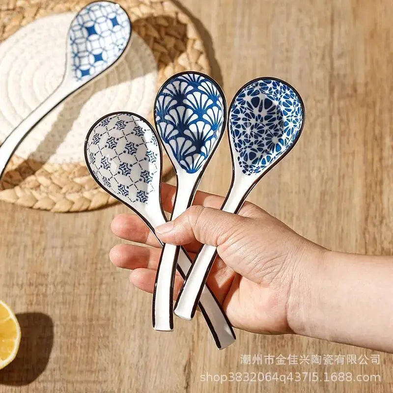 Japanese Blue And White Ceramic Spoon With Underglaze Decoration Soup And Noodle Serving Kitchen Cooking Utensil Oasis Select