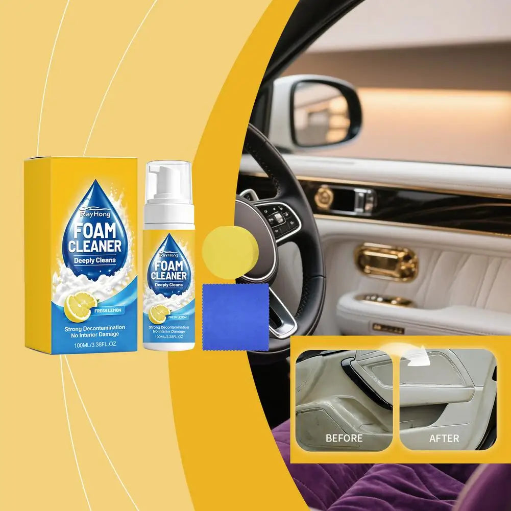 Car Interior Foam Cleaner Set – Lemon Scent, Sponge & Towel