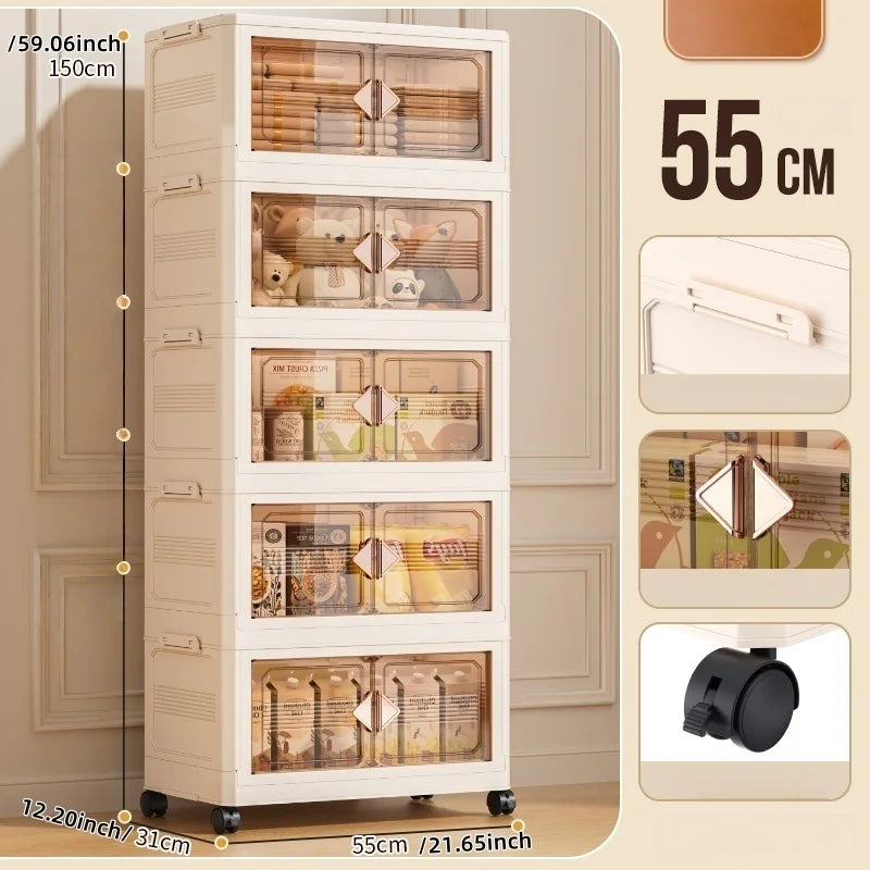 Foldable 55cm Width Plastic Storage Box Wheeled Multi-layer Clothing Cabinet Organizer for Books/Kitchen Supplies/Wears Oasis Select 55cm-Cream-5 Layers
