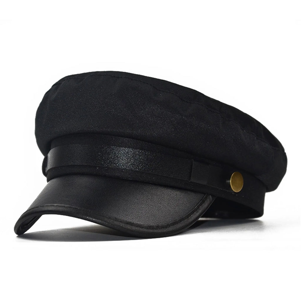 Unisex Cycling Caps PU Leather Hat Autumn Sailor Hat for Women Men Men Black Female Travel Student Hat Captain Hat Flat Top Oasis Select Black
