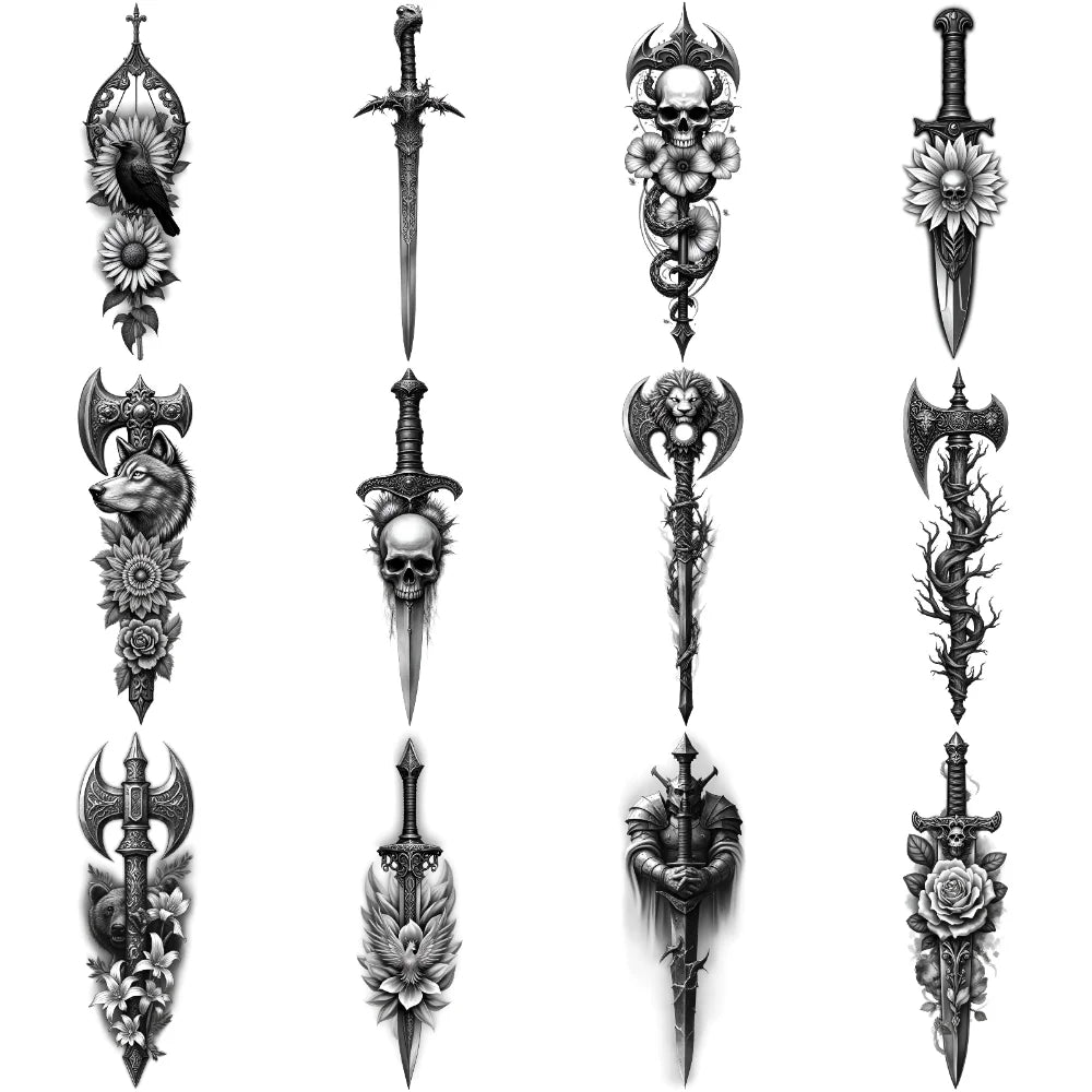 12pcs Realistic Temporary Tattoos – Skull, Flower, Crow & Dragon