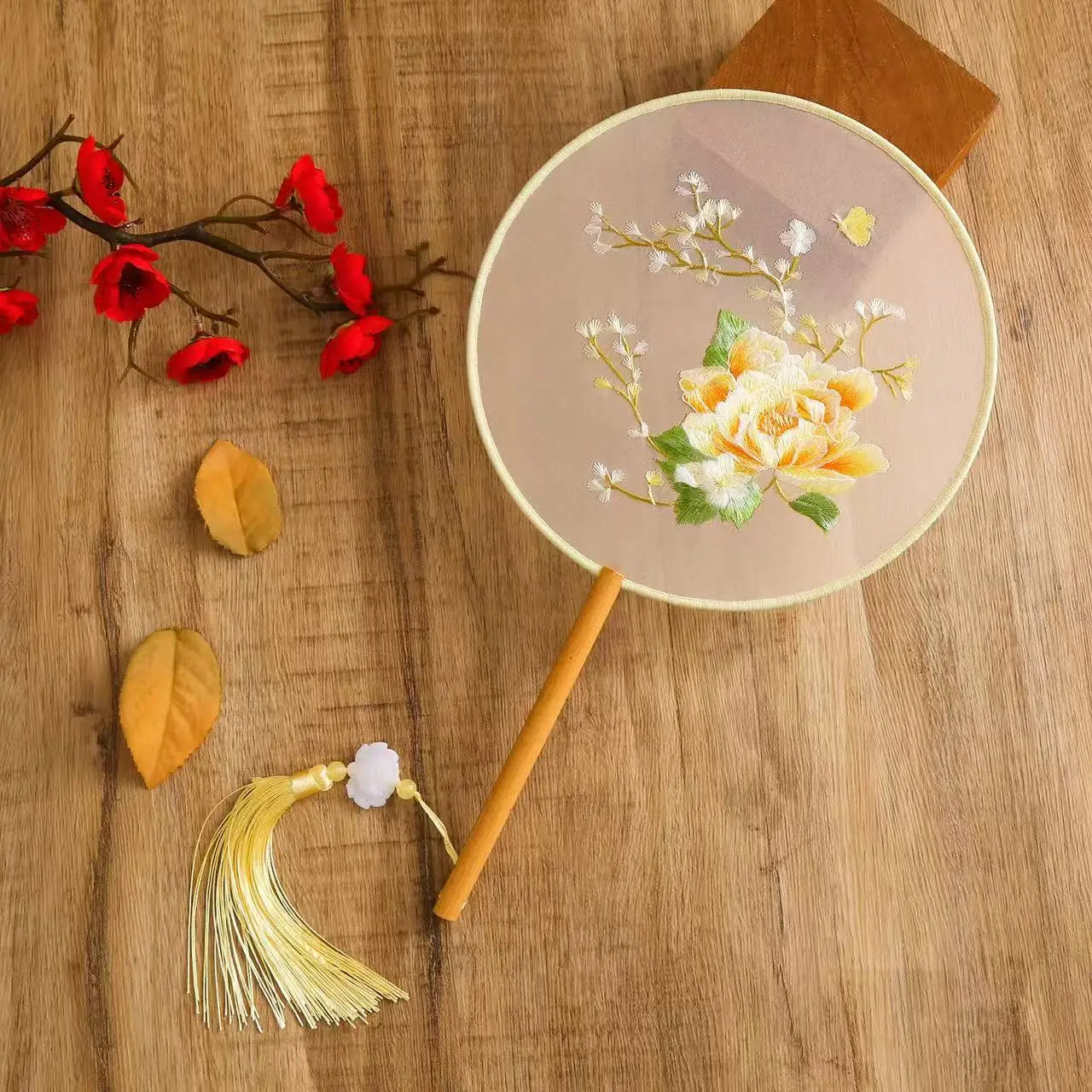 Chinese Silk Round Fan Double-sided Floral Embroidery Hand Fans