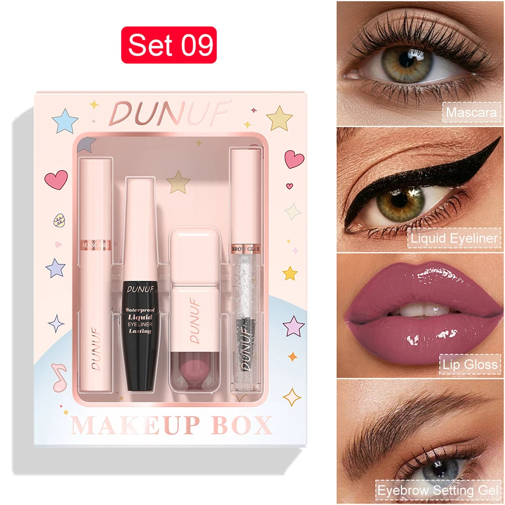 DUNUF 4-in-1 Makeup Gift Set Waterproof Long-Lasting Mascara Liquid Eyeliner Brow Setting Gel Moisturizing Lip Gloss with Mirror Oasis Select 09