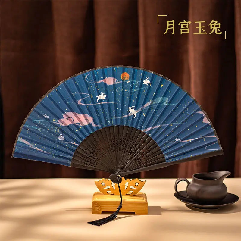 Ancient Style Folding Fan Embroidery Fringe Hanfu Holding Dance Props Fan Hand Held Fan Oasis Select C