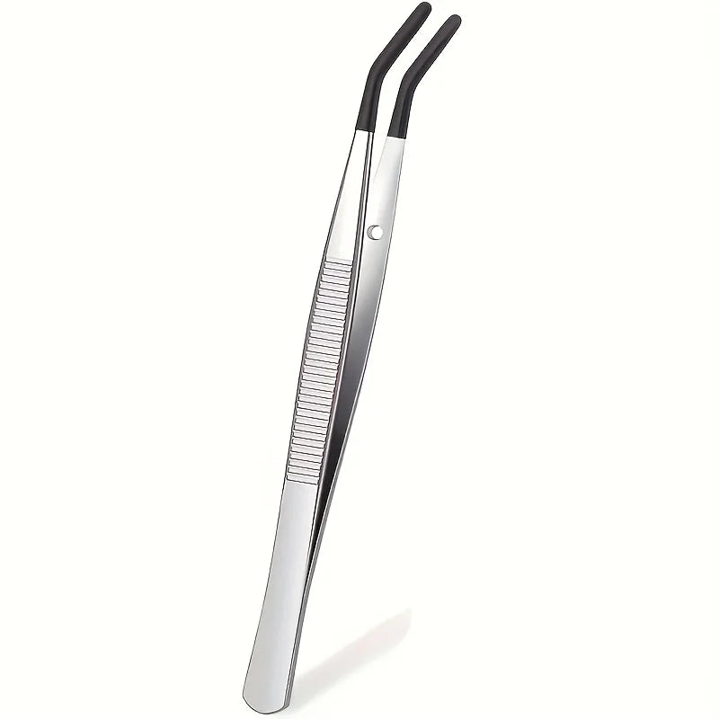 1pc Stainless Steel Reptile Feeding Tongs with Rubber Tips 10.6” Flat Curved Long Tweezers for Bearded Dragons Snakes Aquariums Oasis Select elbow