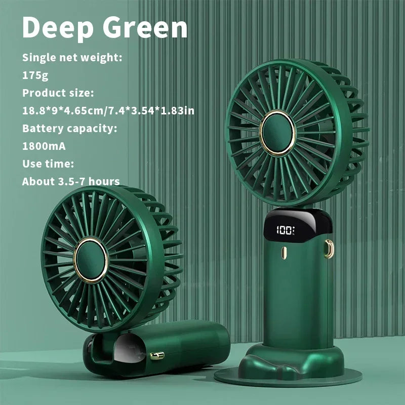 Portable Handheld Mini Fan 3000mAh Foldable Neck Hanging Fans 5 Speed Adjust USB Charge Fan with Phone Stand and Display Screen Oasis Select green