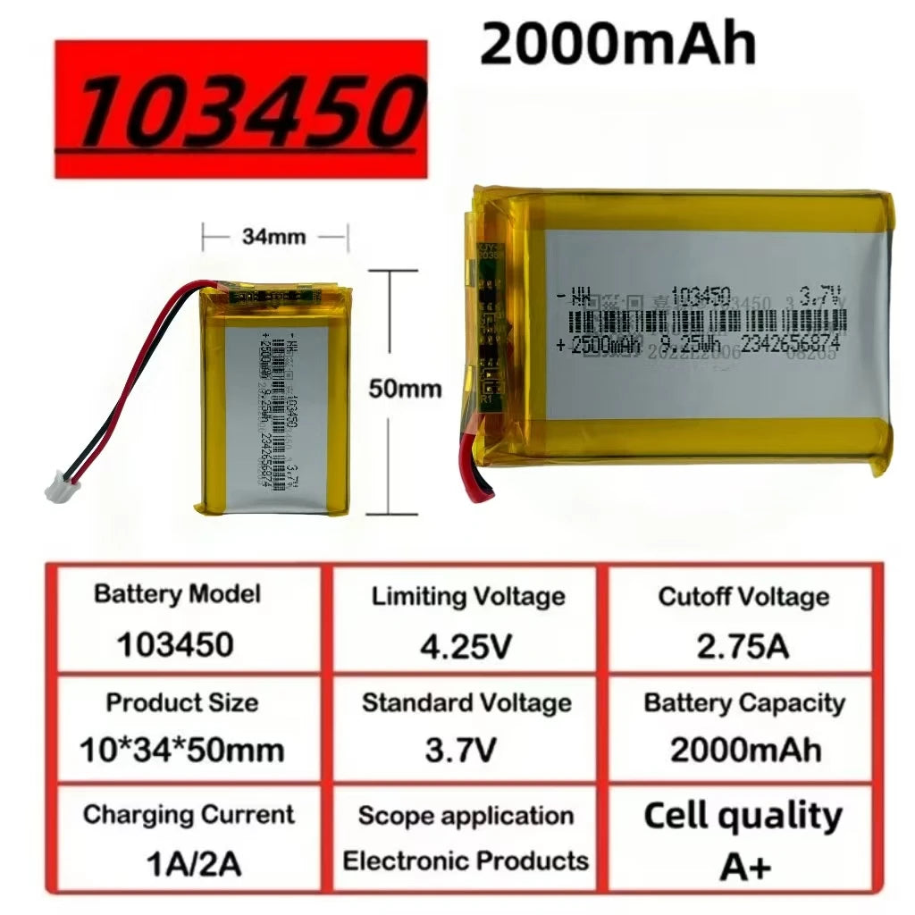 Hotsale 103450 3.7V 2500mAh Polymer Lithium Rechargeable Battery jst PH 2.0mm 2pin plug for Camera GPS navigator MP5 Headset Oasis Select
