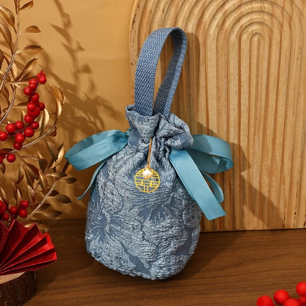 Chinese Style Embossed Flower Drawstring Candy Gift Bag