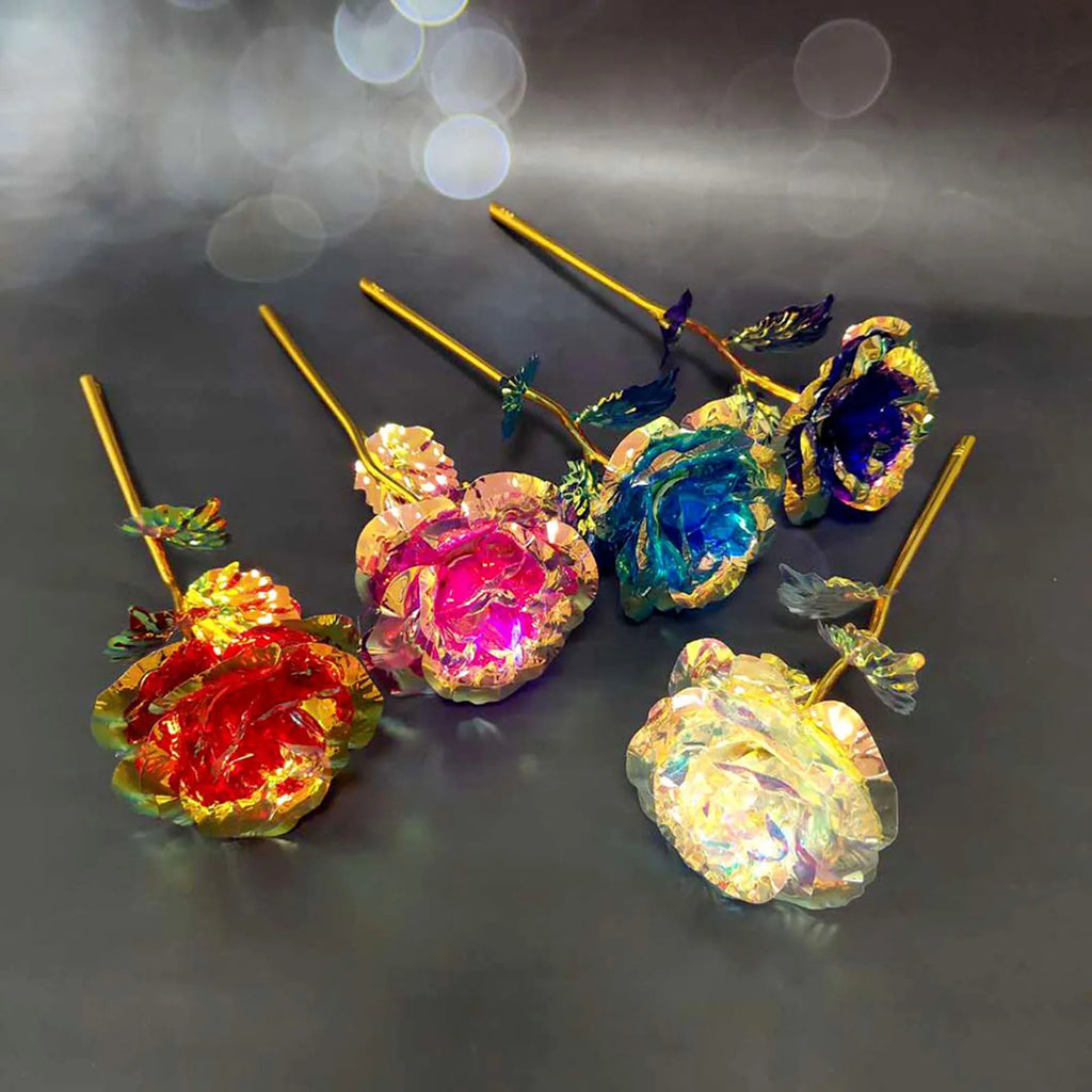 5pcs Colorful Luminous Rose Artificial Led Light Flower Gold Foil Rose Rainbow Simulation Bouquet Without Gift Colgifts For Girl Oasis Select