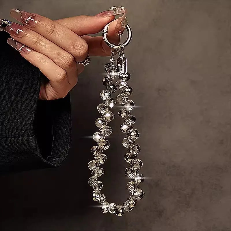 Luxury Sparkling Diamond Crystal Bead Wrist Strap Portable Chain Short Hanging Phone Charm Clip For Universal Use On Phone Cases Oasis Select grey