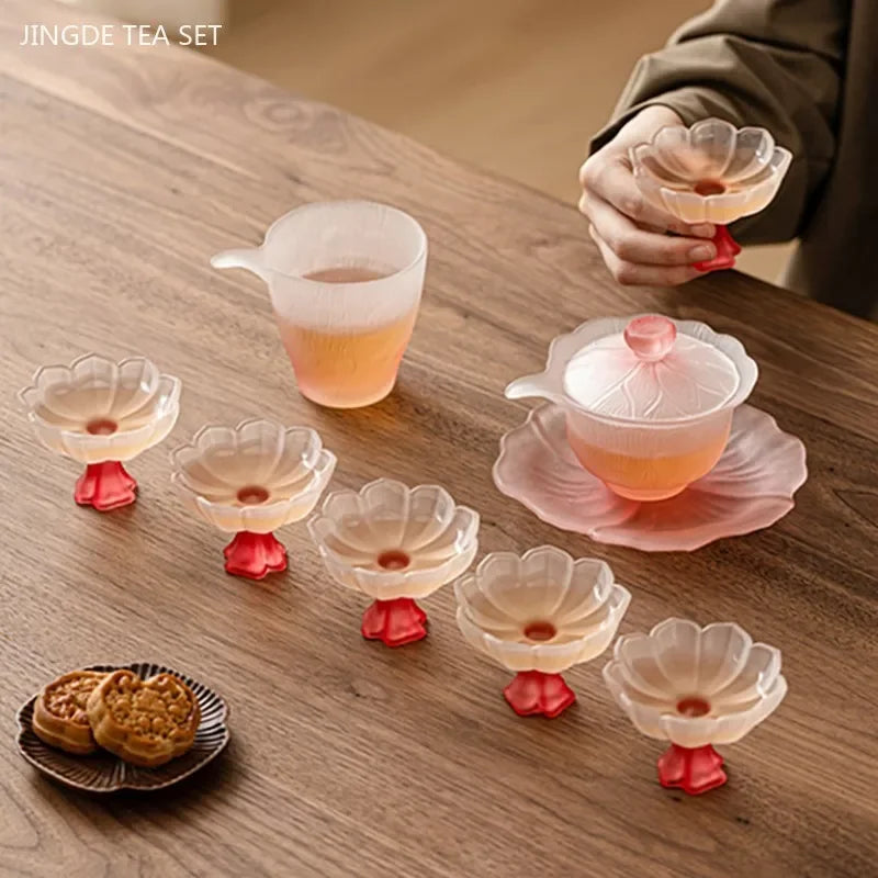 Pink Glass Tea Set Home High Temperature Gaiwan Fair Cup Teacup Set Chinese Exquisite Teaware Set Boutique Beauty Tea Infuser Oasis Select