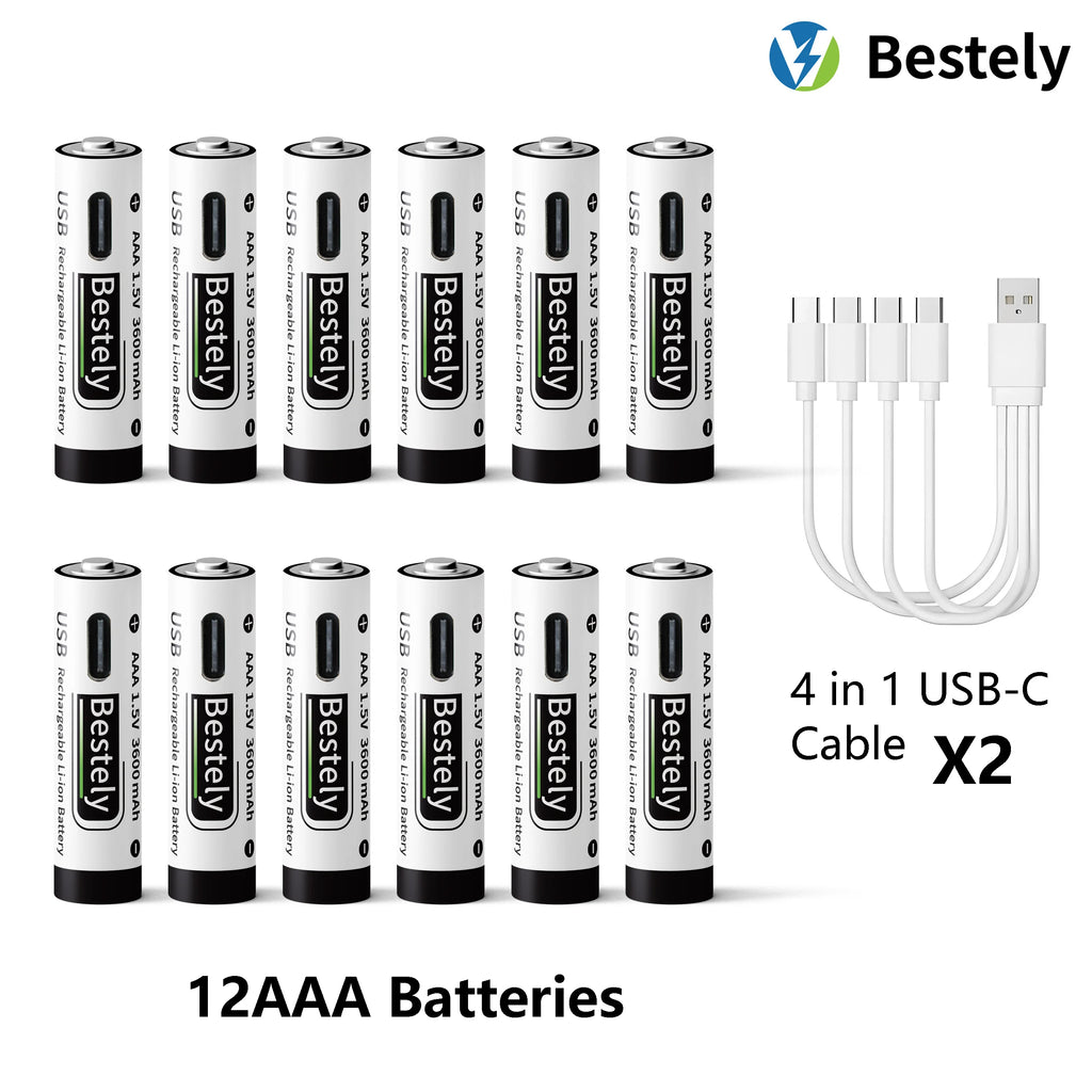 AAA Battery Rechargeable Li-Ion 1.5V 3600mAh 2000 Cycles USB-C Fast Charging Long-Lasting with free USB- C Cable Oasis Select 12 pcs Batteries