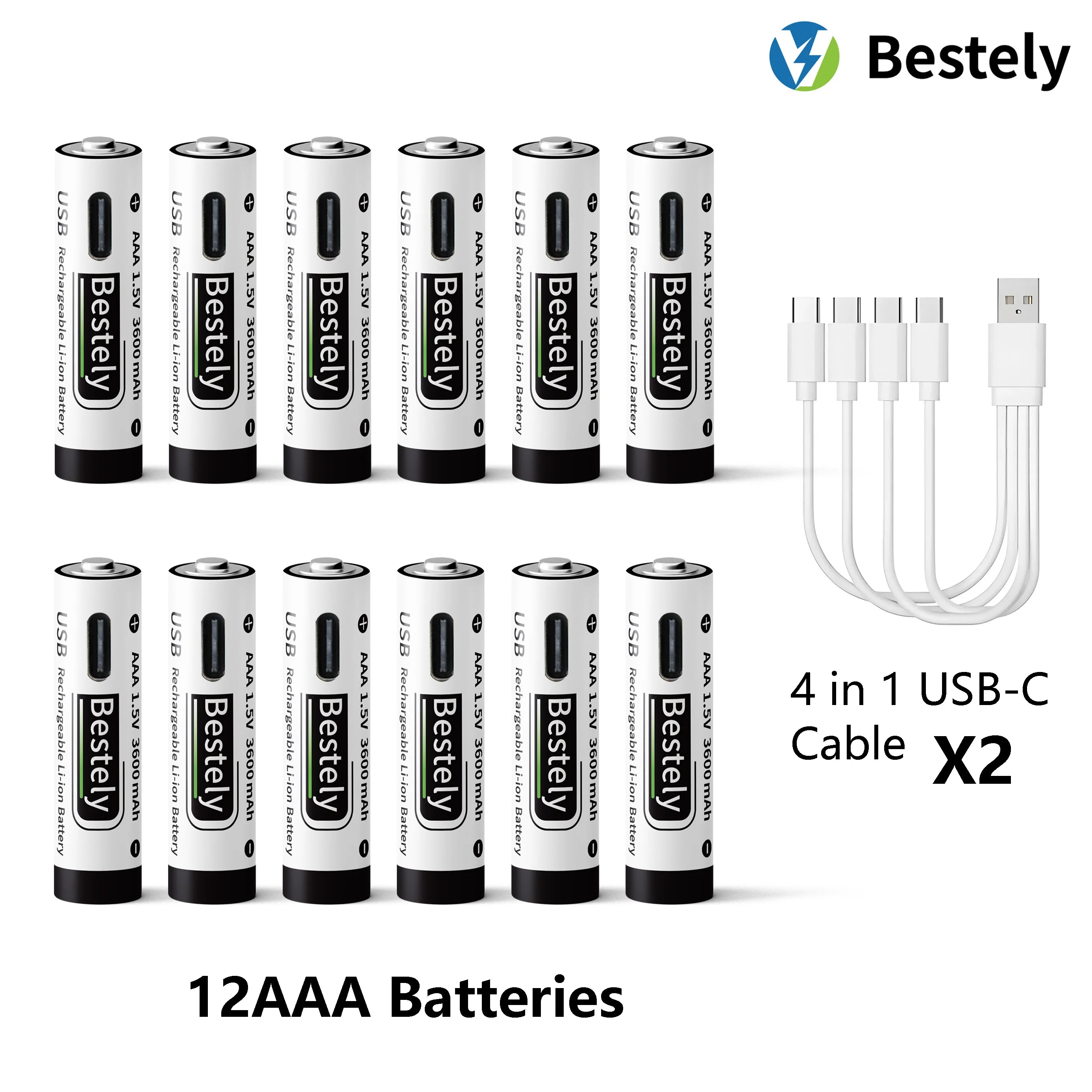 AAA Battery Rechargeable Li-Ion 1.5V 3600mAh 2000 Cycles USB-C Fast Charging Long-Lasting with free USB- C Cable Oasis Select 12 pcs Batteries