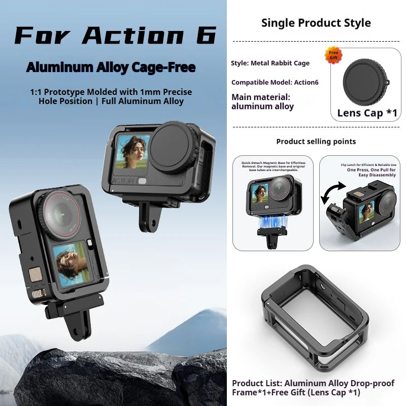 DJI Action 6 Aluminum Metal Cage | Cold Shoe Quick-Release