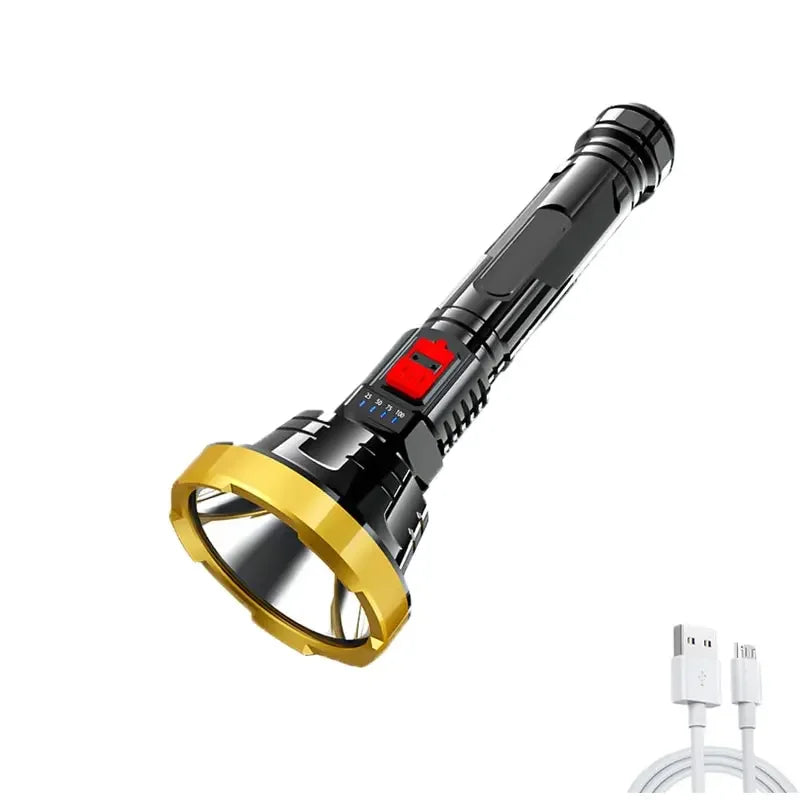 Big Strong Light LED Flashlight USB Rechargeable Tactical Hunting Camping Lantern Built in Battery Flash Light Power Display Oasis Select 901 Gold
