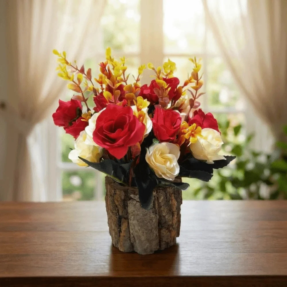 Artificial Sunflower Bonsai in Bark Pot | Faux Plant Home Décor