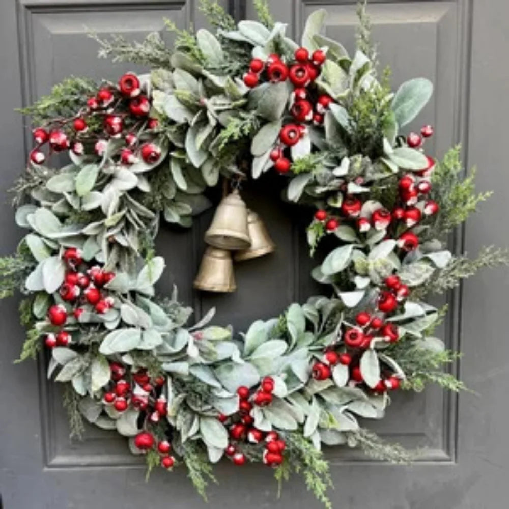 Christmas Red Berry Bell Garland Pine Leaves Flocked Leaves Patio Holiday Decoration Door Hanging Party Decoration Oasis Select