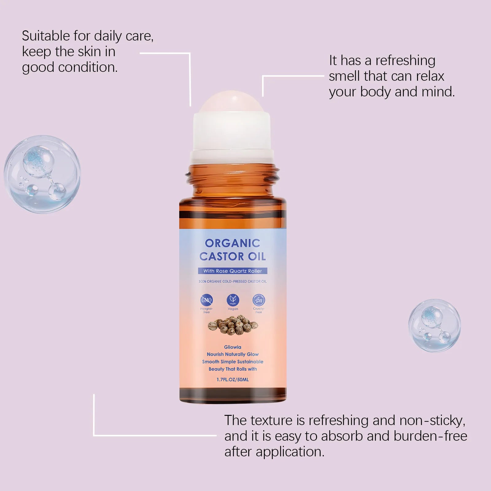 Organic Castor Oil Rose Quartz Roller Ball | 50ml Castor Oil Roller Oasis Select