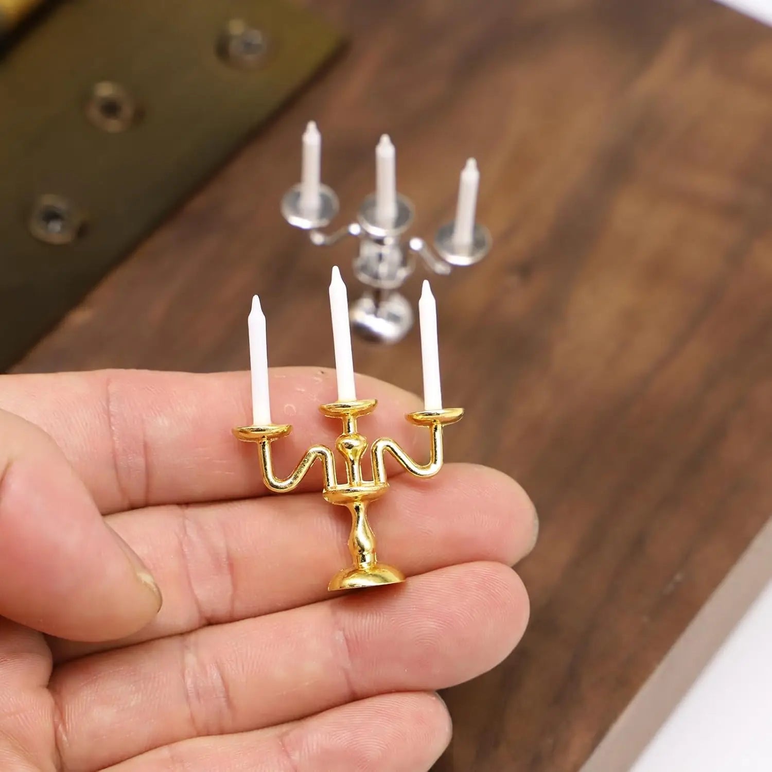 1/2 PCS Vintage 3-Arm Candelabra with Candles – 1:12 Miniature in Gold/Silver for Dollhouse, Fairy Garden & Micro Landscapes Oasis Select