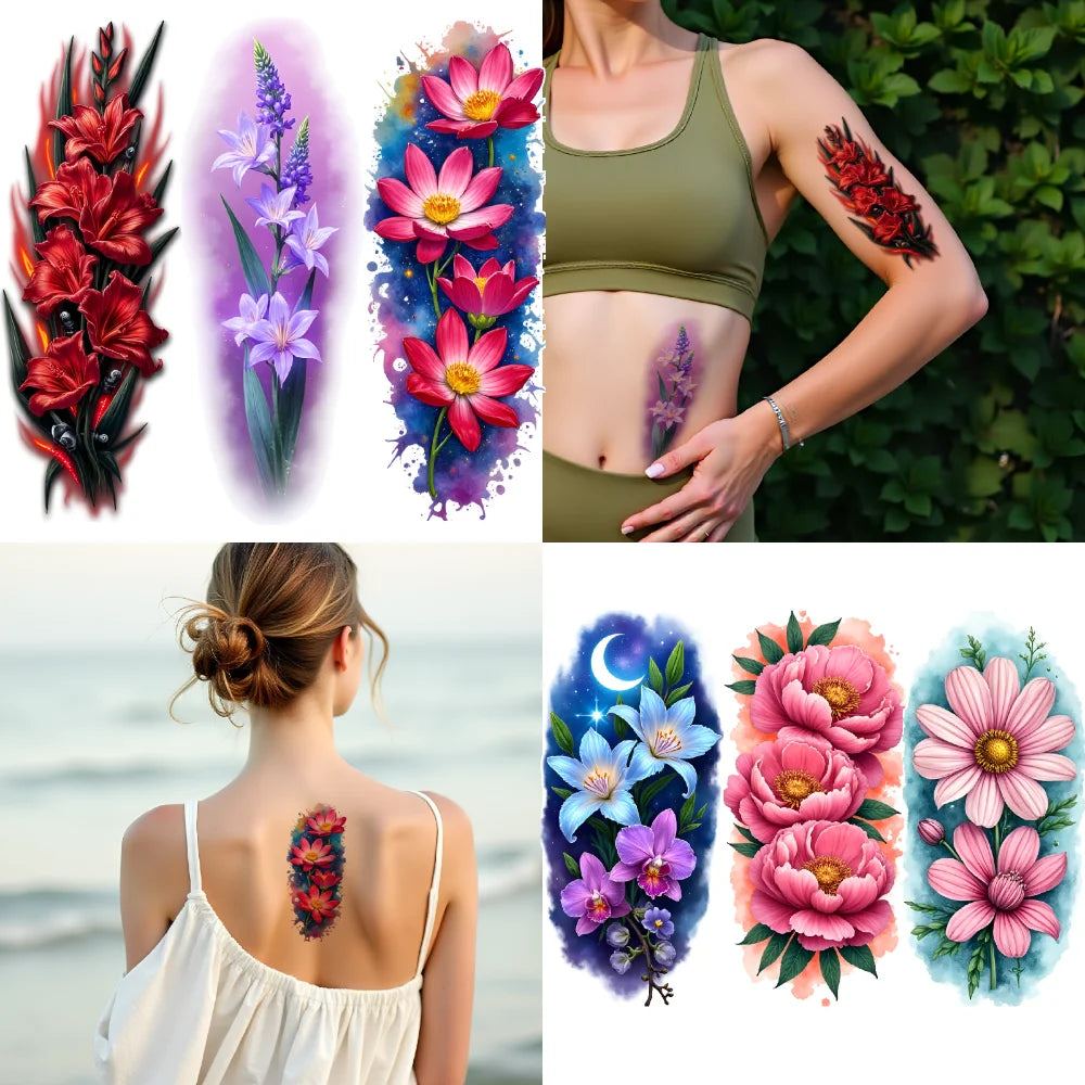 3-Pack Floral Temporary Tattoos – Colorful Realism, Waterproof