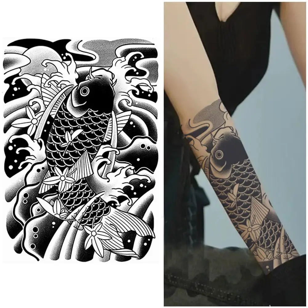 Waterproof Temporary Tattoo Sticker Semi-permanent Non-reflective Old Traditional Blossom Arm Koi Fish Fake Tattoos Oasis Select